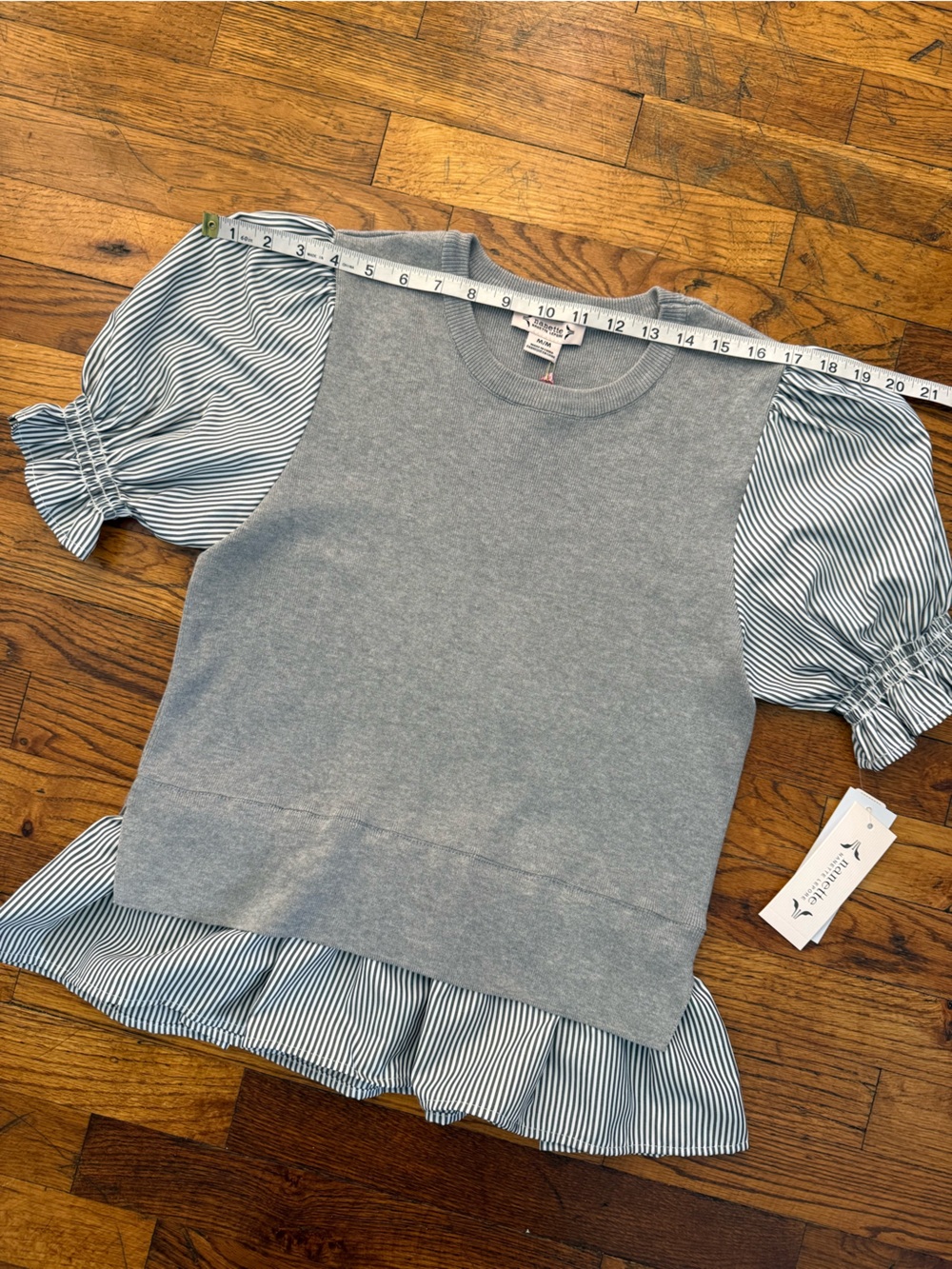 Nanette Lepore Mixed Media Twofer Sweater Puff Sleeve Peplum Top Gray Striped M - Picture 6 of 15